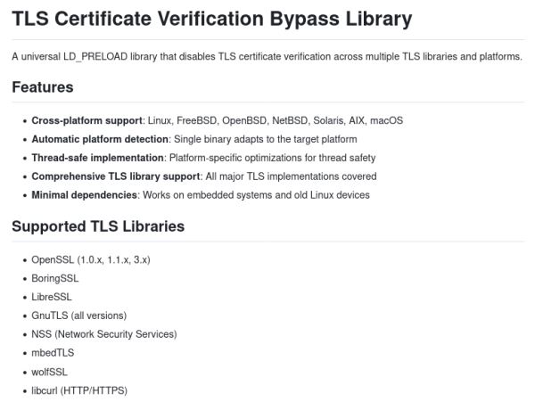 Представлена библиотека TLS Certificate Verification Bypass Library для отключения проверки TLS-сертификатов