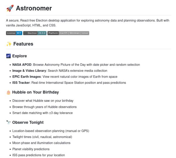 Представлено приложение Astronomer на Electron без React для изучения астрономических данных и планирования наблюдений